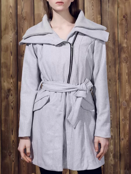 Stylish Long Sleeve Turn-down Collar Spliced Zip Up Women's Belted Coat