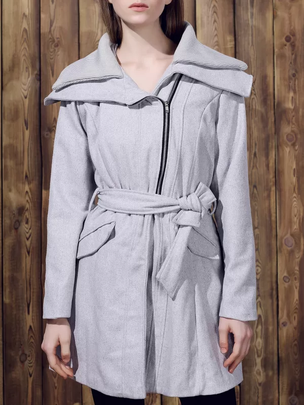 Stylish Long Sleeve Turn-down Collar Spliced Zip Up Women's Belted Coat