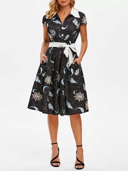 Sun Moon Star Mock Button Cap Sleeve Belted Dress