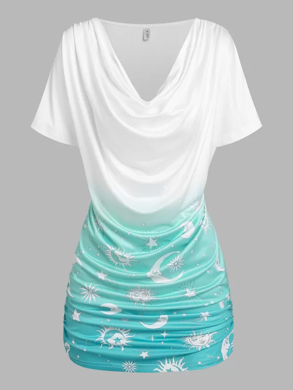 Sun Moon Star Print Ombre Ruched T-shirt