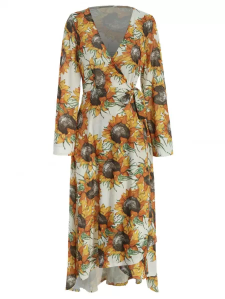 Sunflower Print Wrap Dress