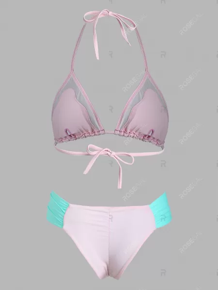 Sweet Style Halter Neck Color Block Backless   Bikini Set For Women