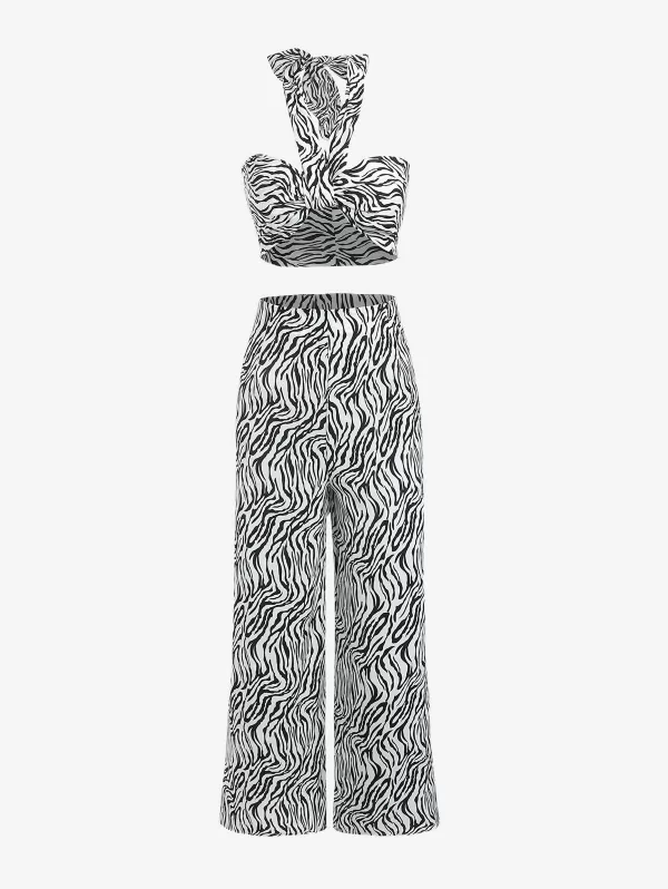 Swirl Print Twisted Wide Leg Pants Set