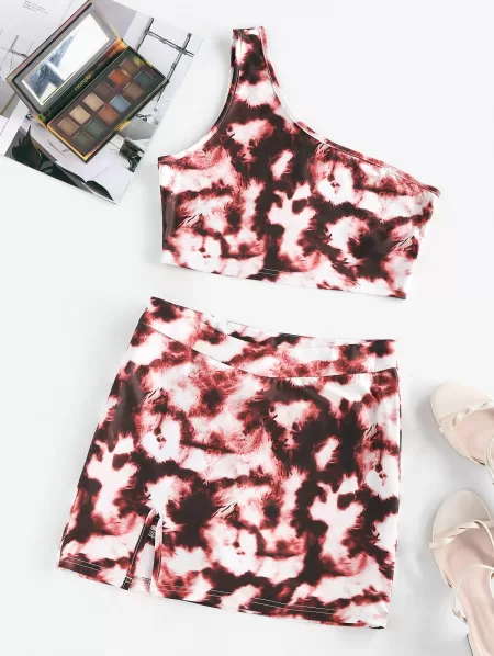Tie Dye One Shoulder Crop Top And Skorts Two Piece Set