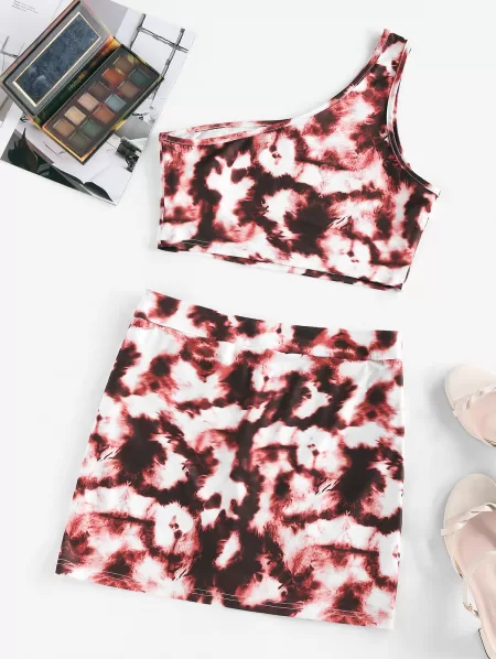 Tie Dye One Shoulder Crop Top And Skorts Two Piece Set