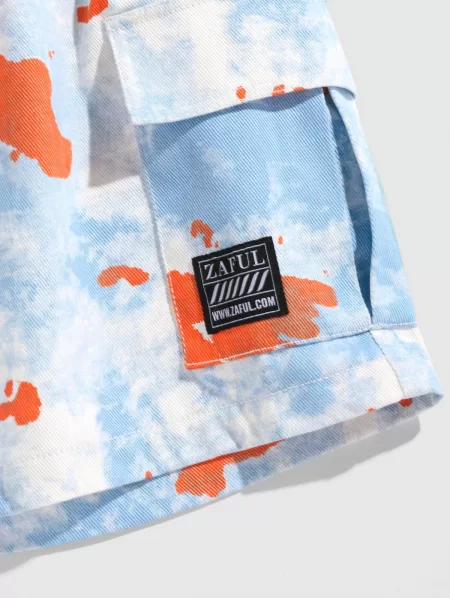 Tie Dye Print Applique Detail Streetwear Cargo Shorts