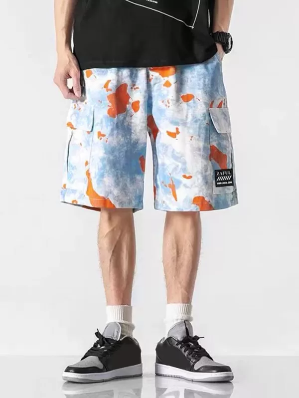 Tie Dye Print Applique Detail Streetwear Cargo Shorts