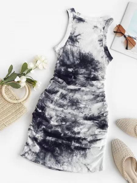 Tie Dye Ribbed Ruched Bodycon Tank Dress