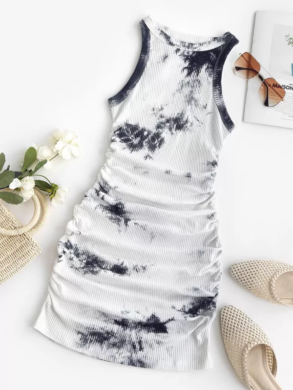 Tie Dye Ribbed Ruched Bodycon Tank Dress