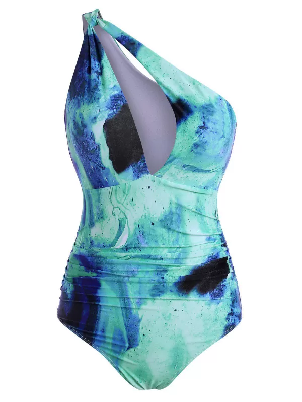 Tie Dye Ruched One Shoulder One-piece Swimsuit