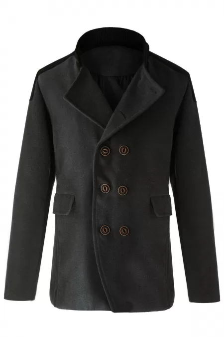 Trendy Slimming Stand Collar Long Sleeves Double-breasted Design Color Splicing Men's Woolen Overcoat