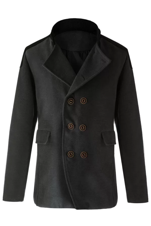 Trendy Slimming Stand Collar Long Sleeves Double-breasted Design Color Splicing Men's Woolen Overcoat