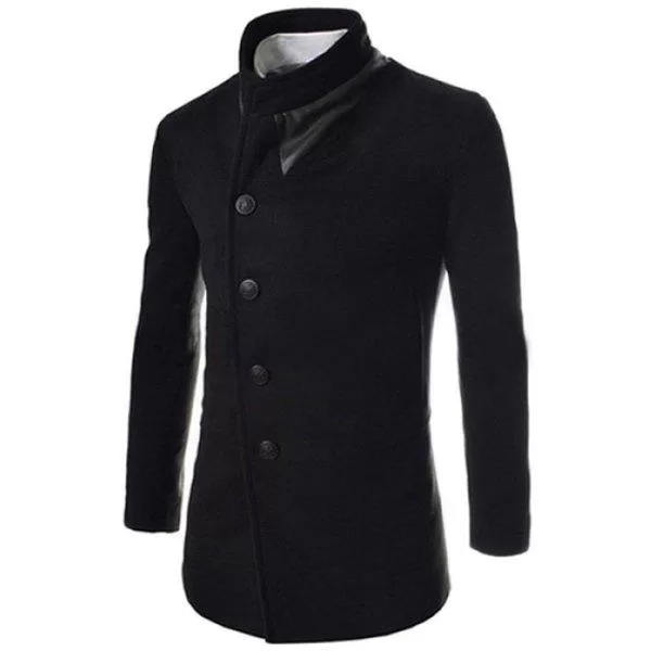 Trendy Slimming Stand Collar Long Sleeves Single-breasted Design Solid Color Men's Long Woolen Overcoat