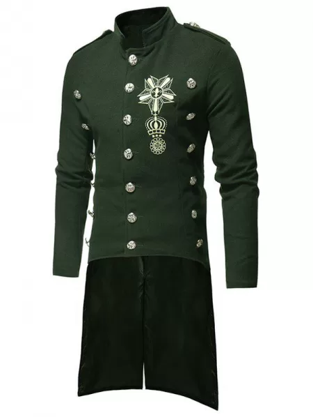 Triple Breasted High Low Hem Embroidery Woolen Coat