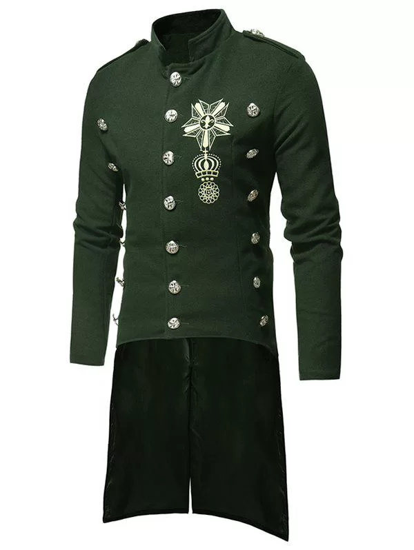 Triple Breasted High Low Hem Embroidery Woolen Coat