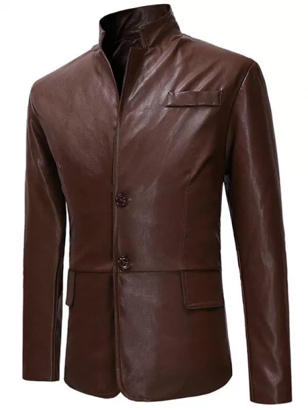 Two Buttons Stand Collar Pu Leather Jacket
