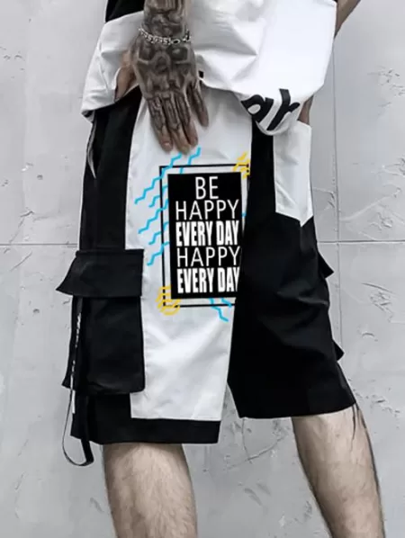 Two Tone Be Happy Slogan Cargo Shorts