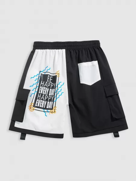 Two Tone Be Happy Slogan Cargo Shorts