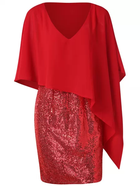 V Neck Sequins Popover Dress