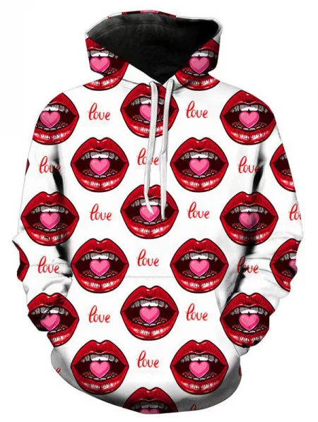 Valentine's Day 3d Lips Print Pullover Hoodie
