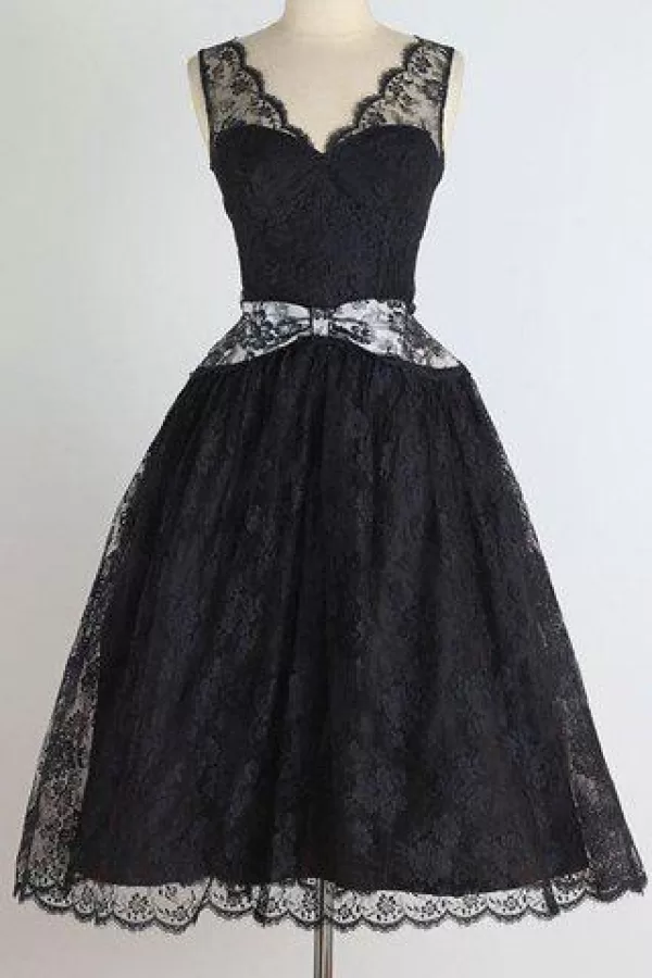 Vintage Sleeveless Plunging Neck See-through Women's Lace Dress