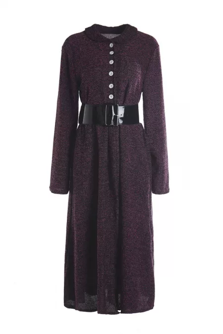 Vintage Women's Turn-down Collar Long Sleeve A-line Dress