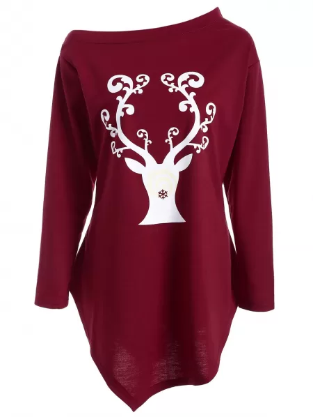 Wapiti Print Asymmetrical Christmas T-shirt