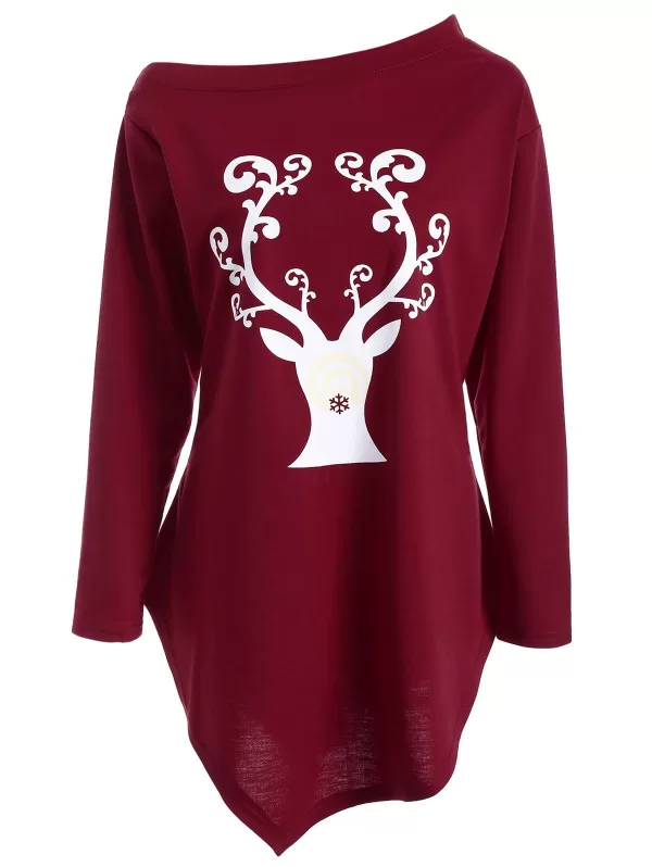 Wapiti Print Asymmetrical Christmas T-shirt