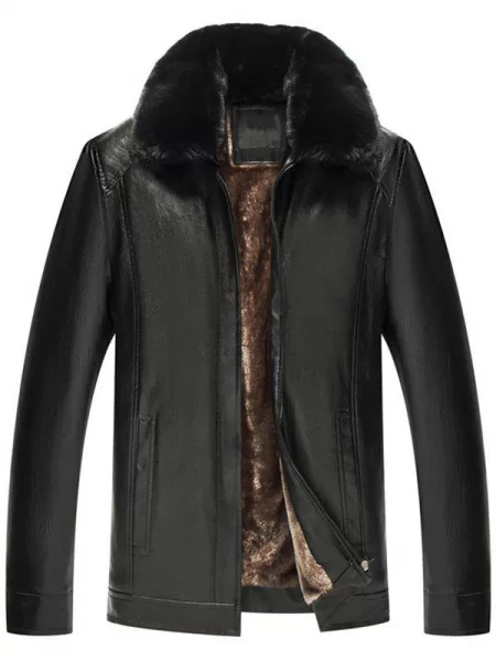 Zip Fly Fur Turn-down Collar Pu Leather Jacket
