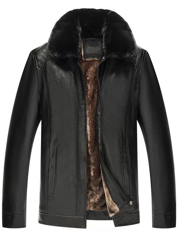 Zip Fly Fur Turn-down Collar Pu Leather Jacket