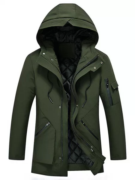Zip Spliced 3d Pocket Embellish Hooded Padded Coat
