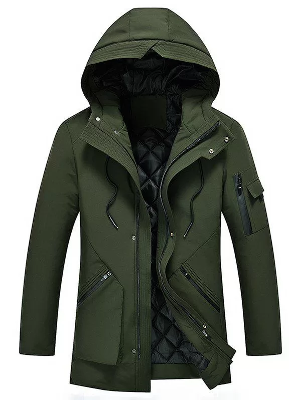 Zip Spliced 3d Pocket Embellish Hooded Padded Coat