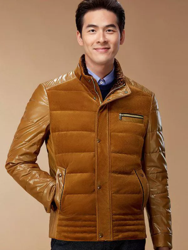 Zip-up Corduroy And Pu-leather Spliced Down Jacket