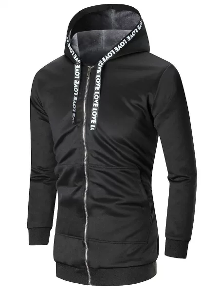 Zip Up Hooded Letter Ribbon Flocking Coat