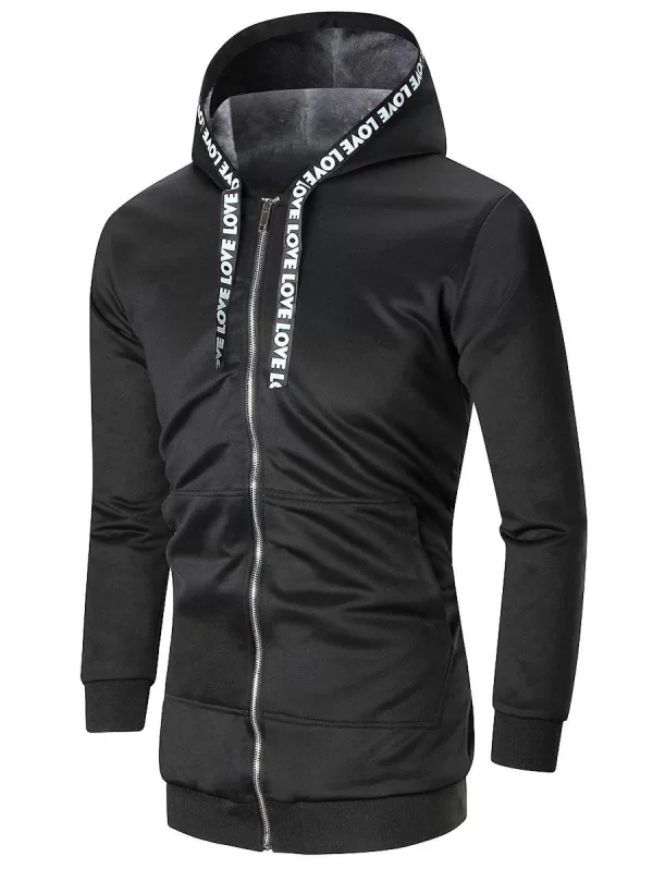 Zip Up Hooded Letter Ribbon Flocking Coat