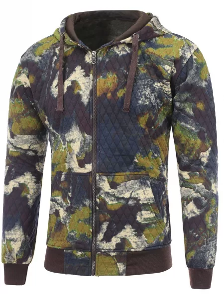 Zip Up Printed Pocket Quilted Hoodie