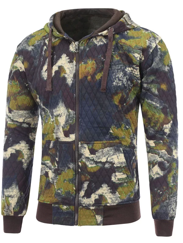 Zip Up Printed Pocket Quilted Hoodie