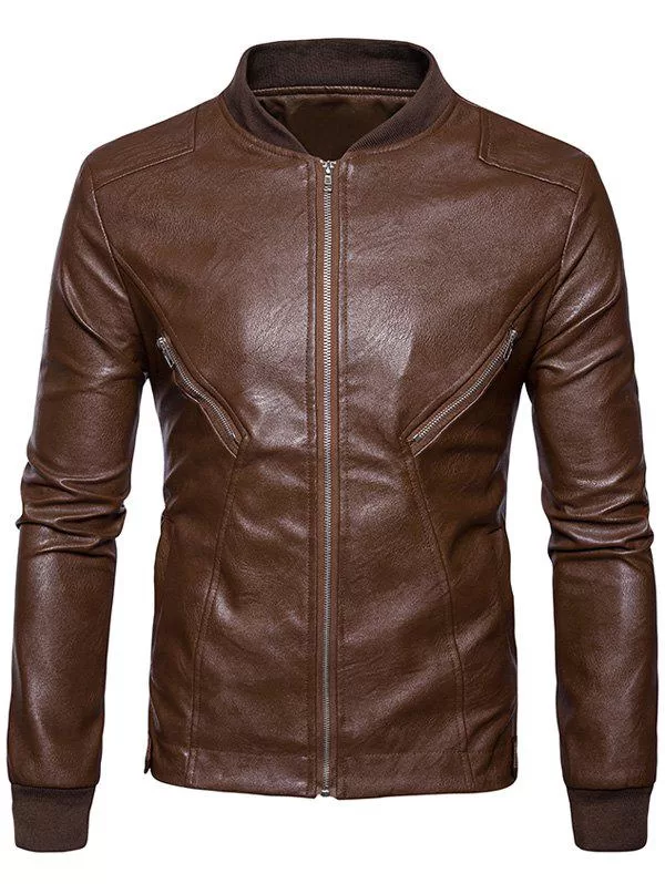 Zip Up Rib Panel Pu Leather Jacket