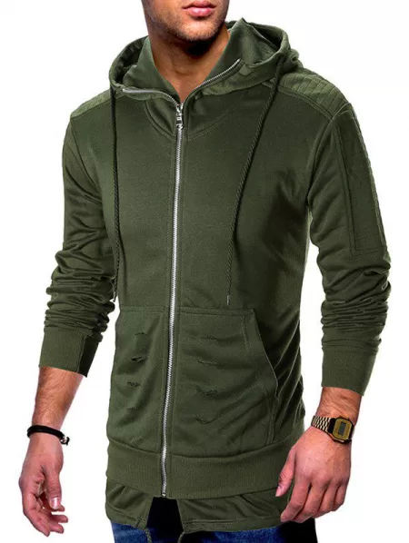 Zip Up Ripped Pleated Long Sleeve Hoodie