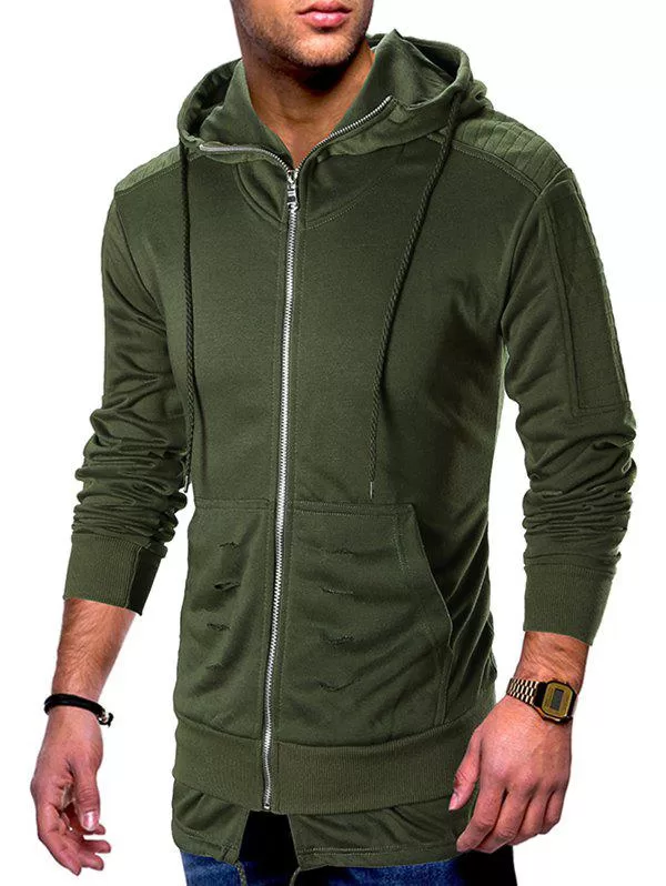 Zip Up Ripped Pleated Long Sleeve Hoodie