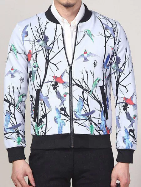 Zip Up Stand Collar Bird Printed Jacket