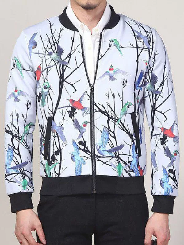 Zip Up Stand Collar Bird Printed Jacket