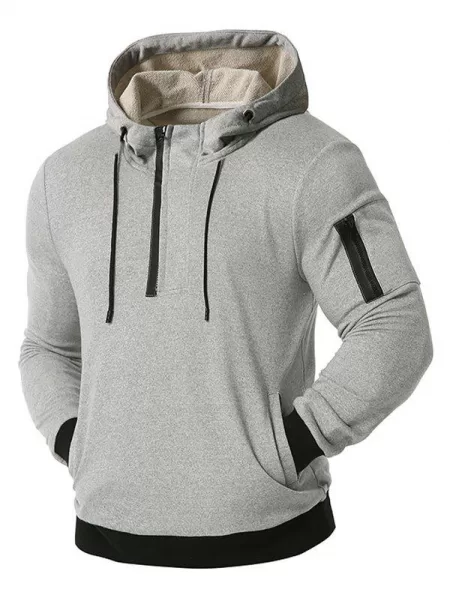 Zipper Pocket Half Zip Drawstring Hoodie
