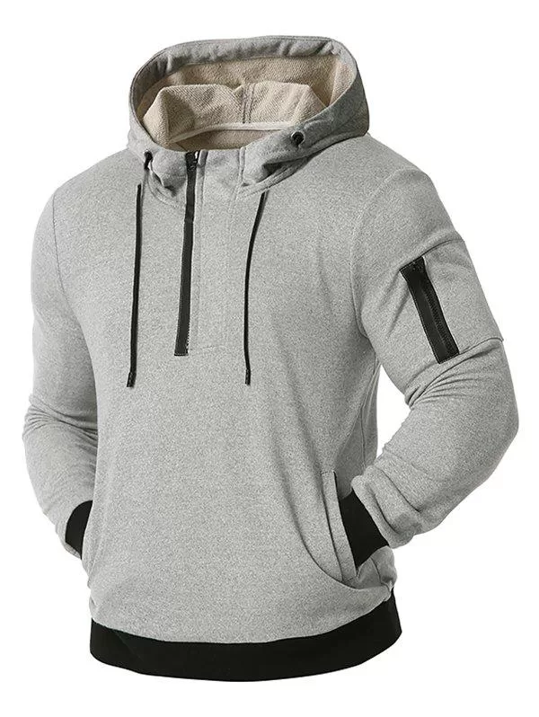 Zipper Pocket Half Zip Drawstring Hoodie