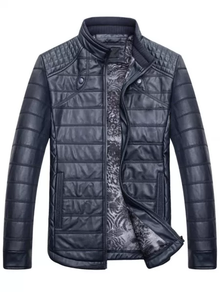 Zipper Stand Collar Faux Leather Jacket