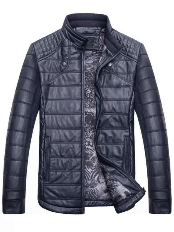 Zipper Stand Collar Faux Leather Jacket