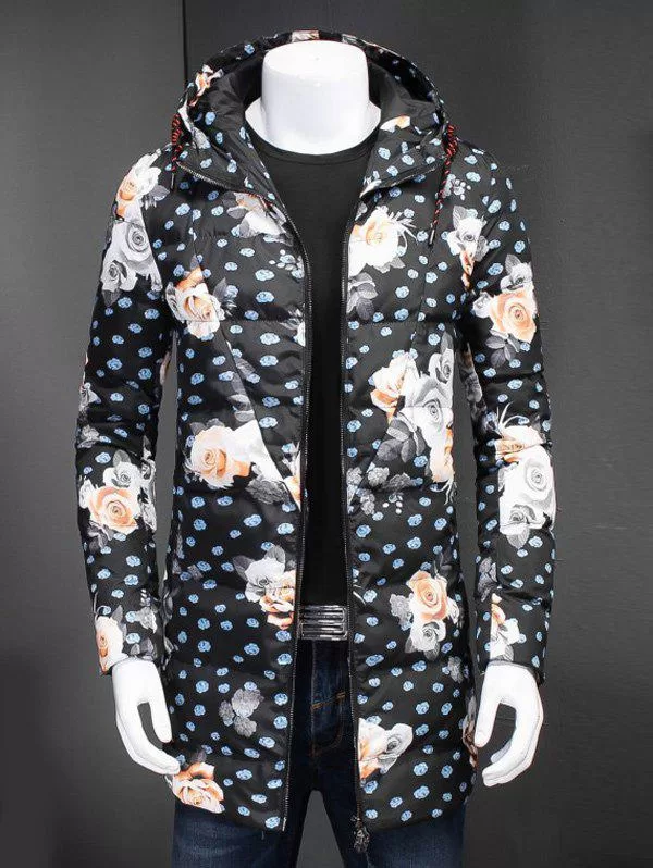 Zipper Up Floral Printed Hooded Padded Coat